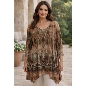 Indigo Soul Womens Brown Olive Turquoise Geo/Aztec Print Sharkbite Hem Tunic, L